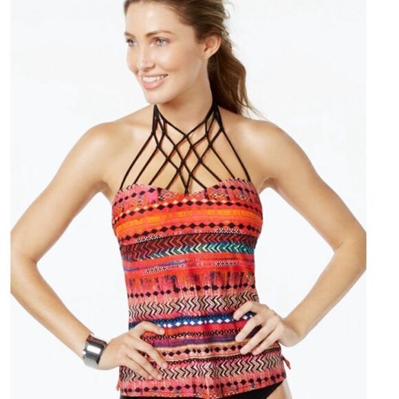 Island Escape Women's High Neck Lattice-Front Tankini Top Sz-12 - Picture 1 of 10